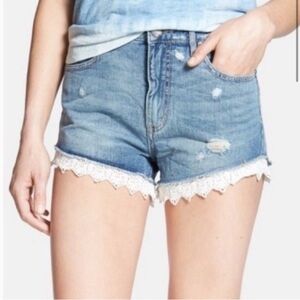 FREE PEOPLE- Lace trim denim shorts. Size 26.